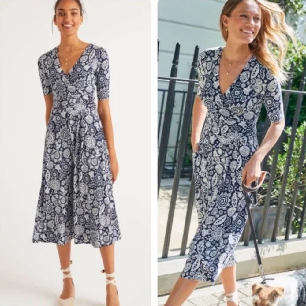 Boden Kassidy Jersey Knit Midi Dress Navy Paisley 8 Petite